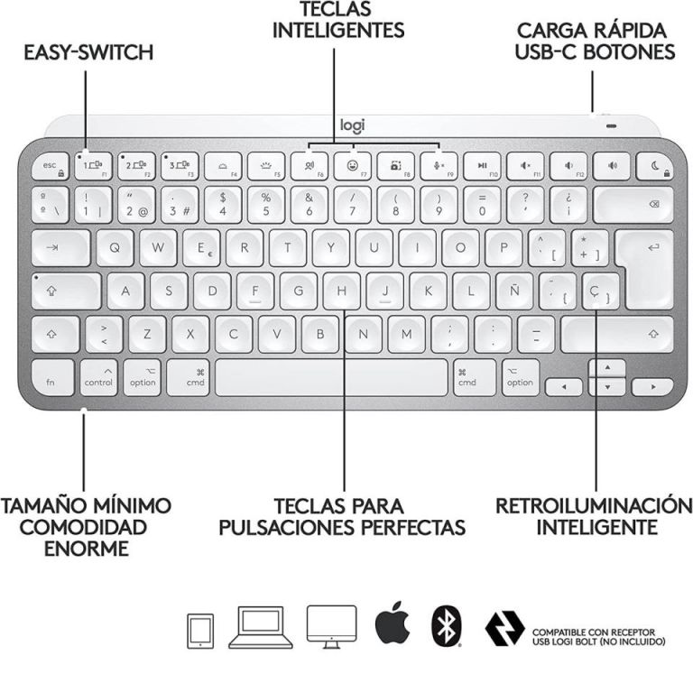 Teclado Inalambrico Logitech MX KEYS MINI Blanco/ Retroiluminado / Windows  - MAC / USB-C / Español / 920-010477 /